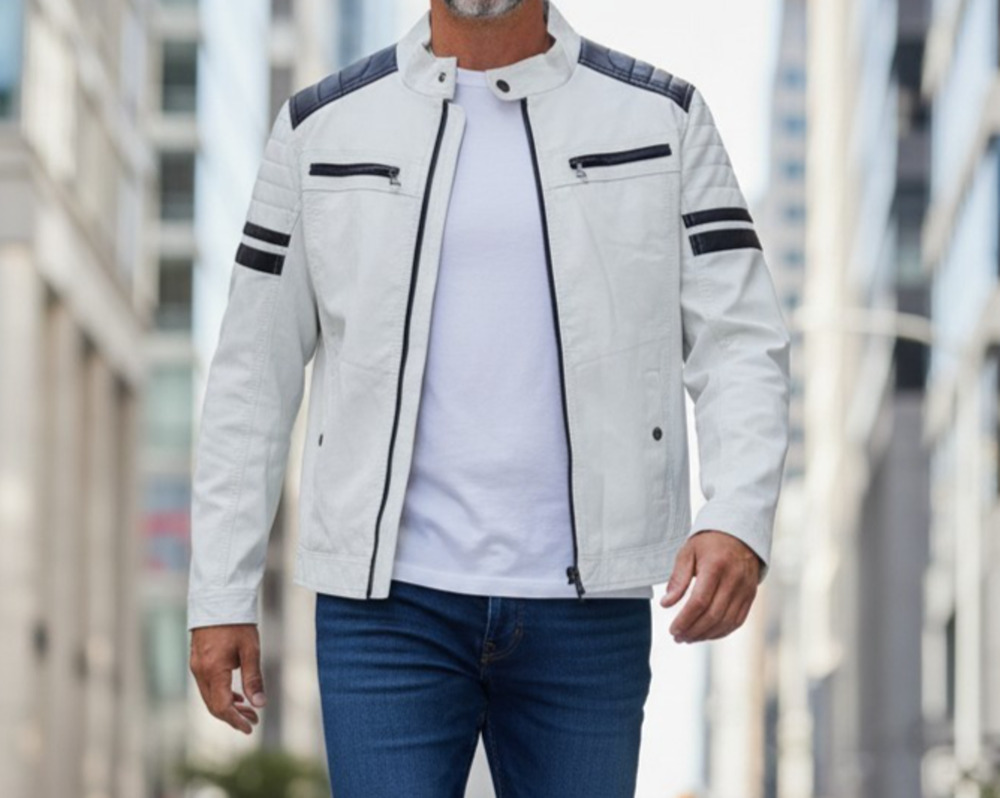 Hard Edge White Faux Leather Bomber Jacket Full Zip Men's Size Extra Large